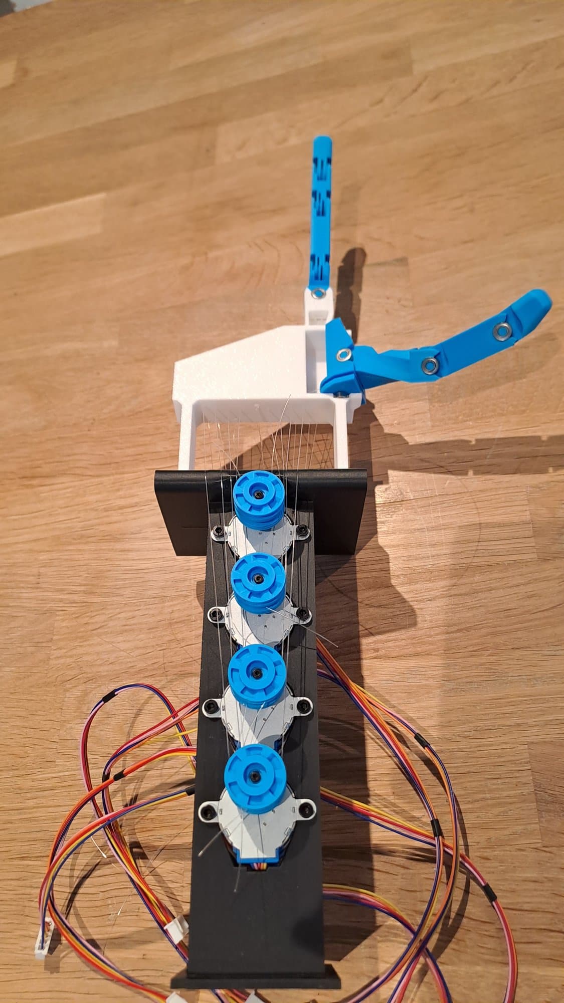 The whole thumb and index prototype from above, from fingertips to the motor column and its cables.