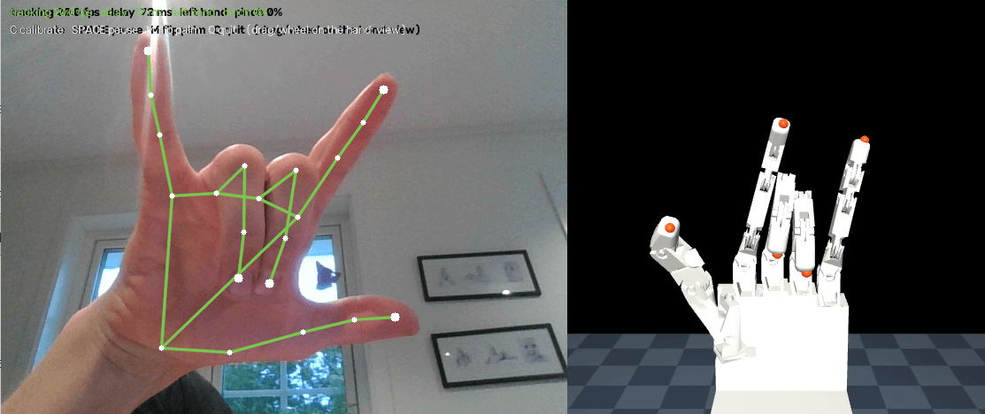 Webcam teleop: a hand making the 'I love you' sign, and the simulated hand making the same sign.
